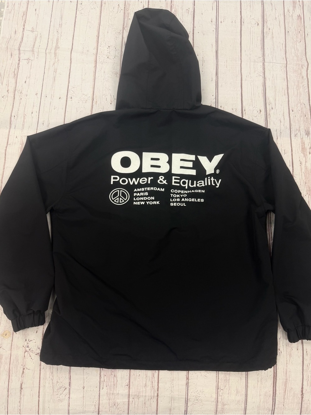 OBEY Anorak Hooded Windbreaker Pullover Black Kangaroo Pocket, Lined Size Large